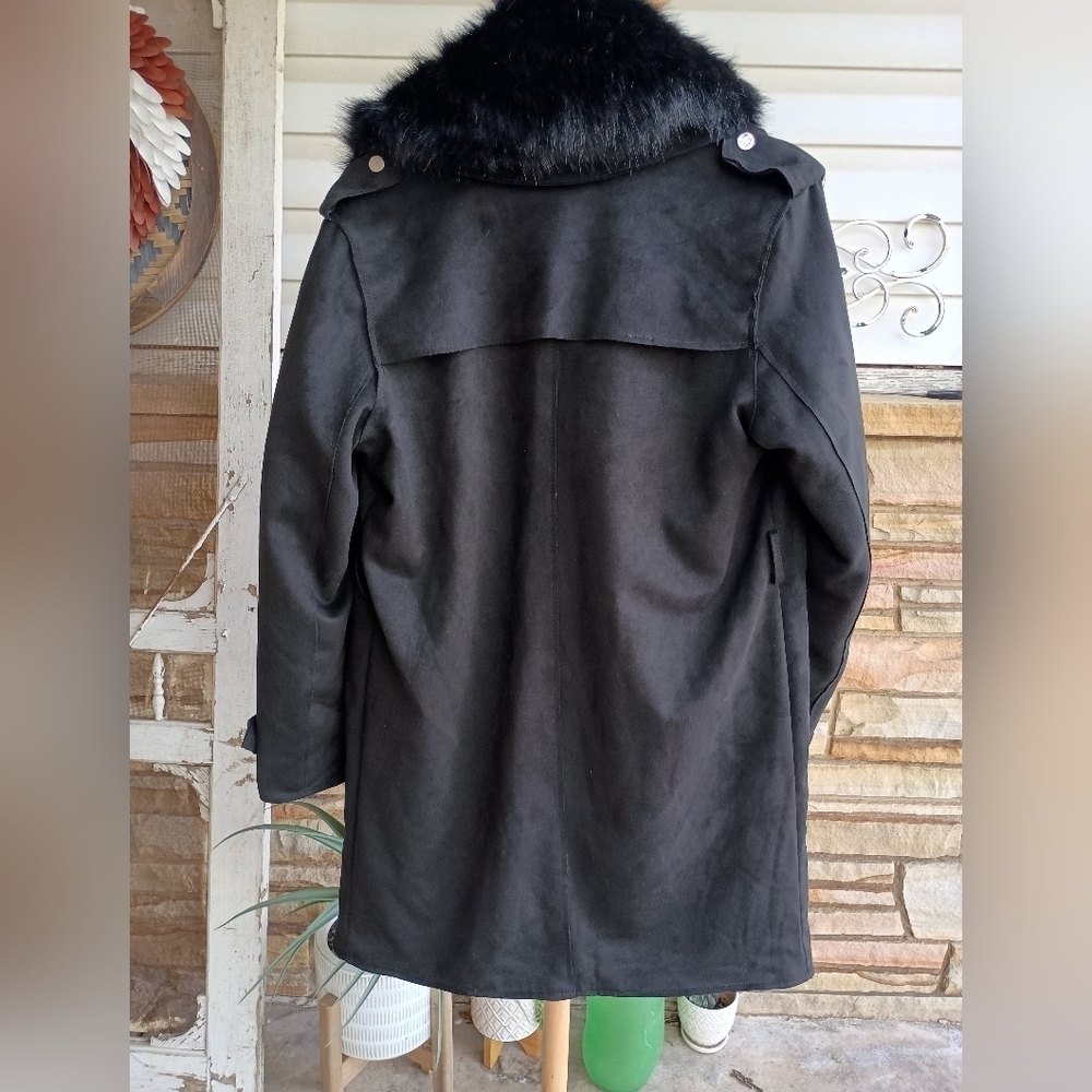 BELLIVERA Black Suede Like Trench Coat With Faux Fur Collar & Lining_Med - Picture 9 of 11